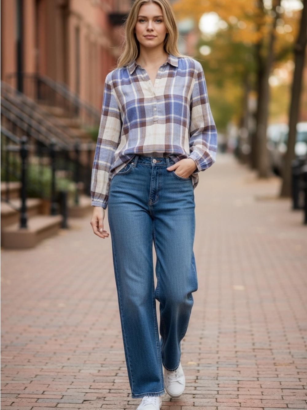 Plaid Pullover Half-Button Shirt in Blue, Brown, and Cream